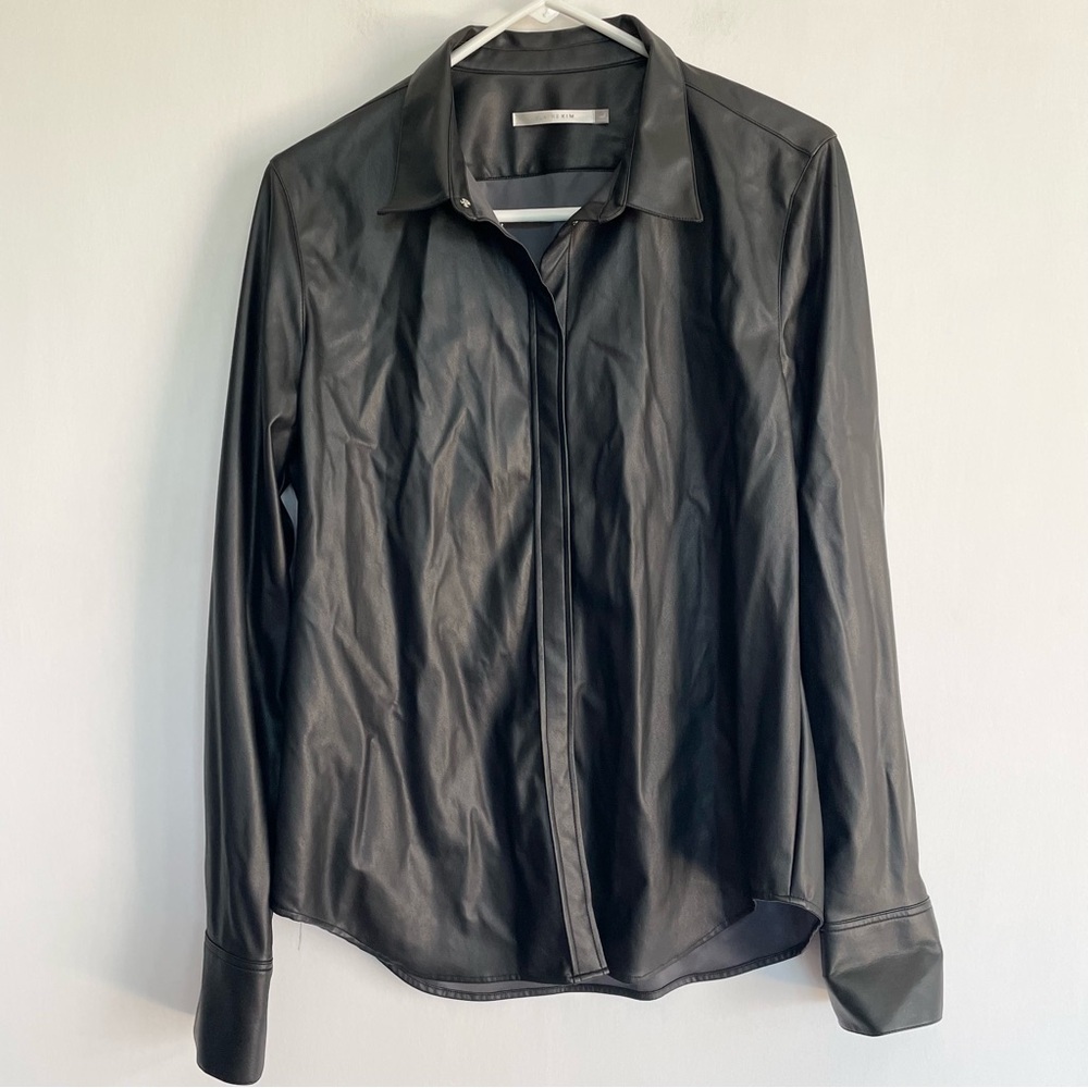 Elaine Kim Black Faux Leather Shirt Snap Button Down Collared Long Sleeve Size L